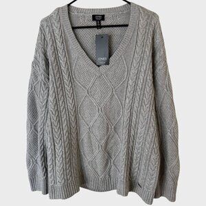 Jones New York Ribbed Cable-Knit V-Neck Sweater Women's Large Heather Gray New